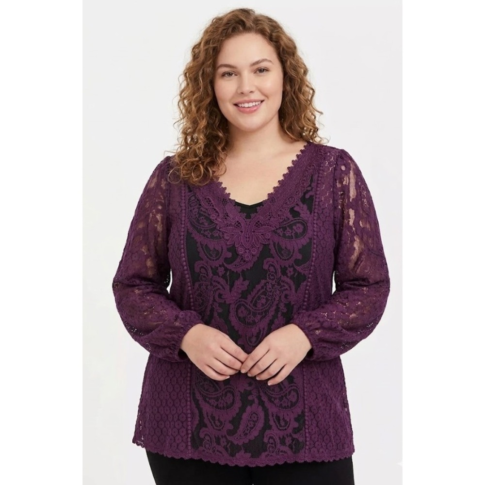 New Torrid Lace Mix Long Sleeve Blouse 3X Purple Sheer Feminine Festival